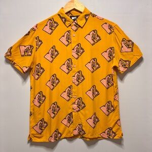 MTV Button Down Short Sleeve Shirt Pink Yellow Nostalgia Music Television Mens S